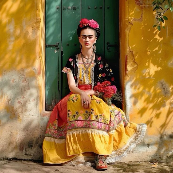 a woman sitting on the ground in front of a green door wearing a yellow dress