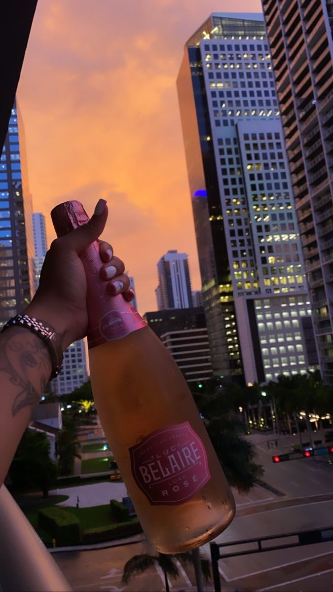 a person holding up a beer bottle in front of a cityscape at sunset