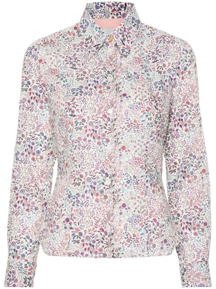 white/multicolour cotton poplin texture all-over floral print straight-point collar front button fastening long sleeves buttoned cuffs curved hem Elegant Multicolor Floral Print Shirt, Multicolor Floral Print Button-up Shirt, White Collared Blouse With Floral Print, Multicolor Floral Print Shirt For Daywear, Spring Floral Print Blouse With Spread Collar, White Floral Print Shirt For Fall, White Floral Print Feminine Shirt, Floral Print Spread Collar Blouse For Daywear, White Cotton Blouse With Ditsy Floral Print