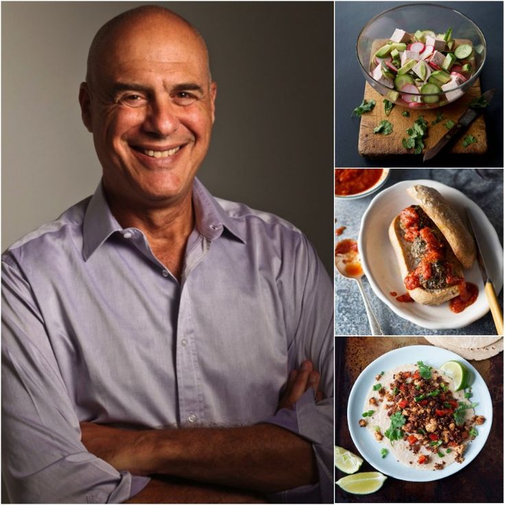 a man standing in front of a table with food and vegetables on it, next to a photo of a smiling man