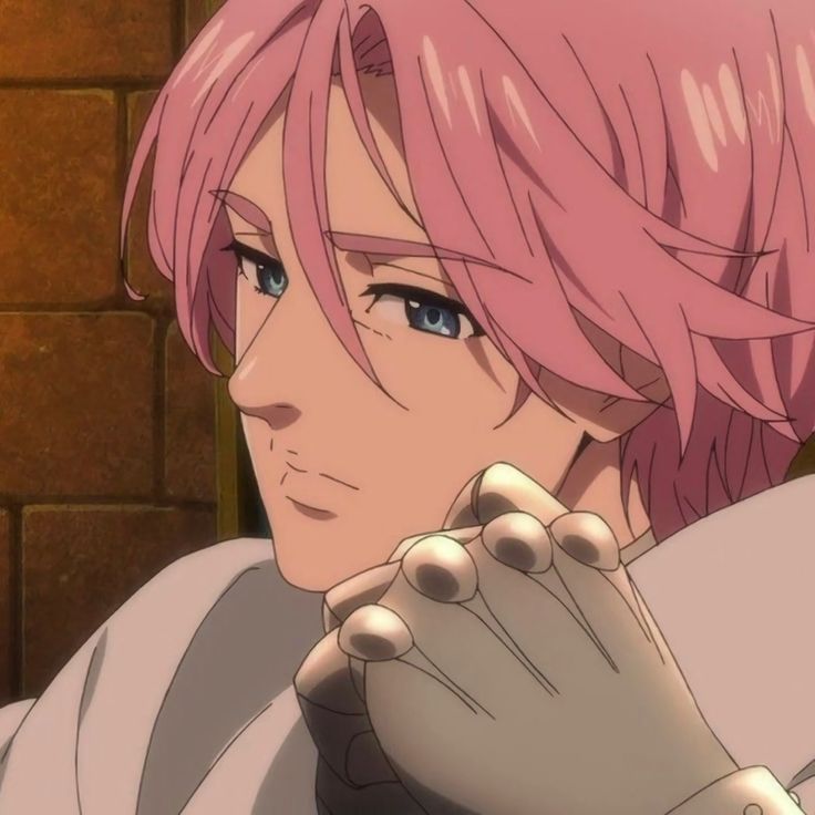 an anime character with pink hair and blue eyes looking off to the side in front of a brick wall