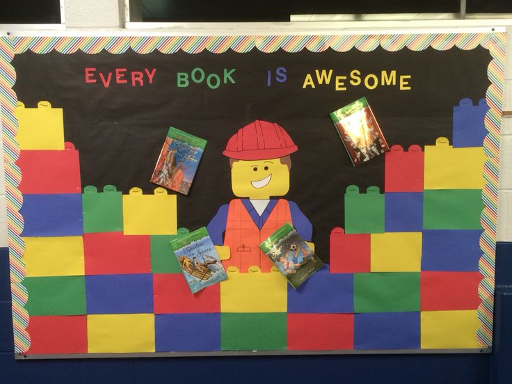 a bulletin board with legos on it that says, every book is awesome and there are pictures of children's books