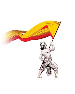 a drawing of a man holding a yellow and red flag in the air with his right hand