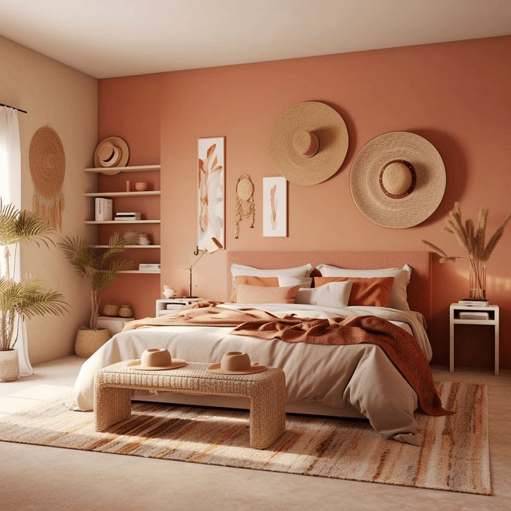 a bedroom decorated in shades of peach and orange with hats on the wall above the bed