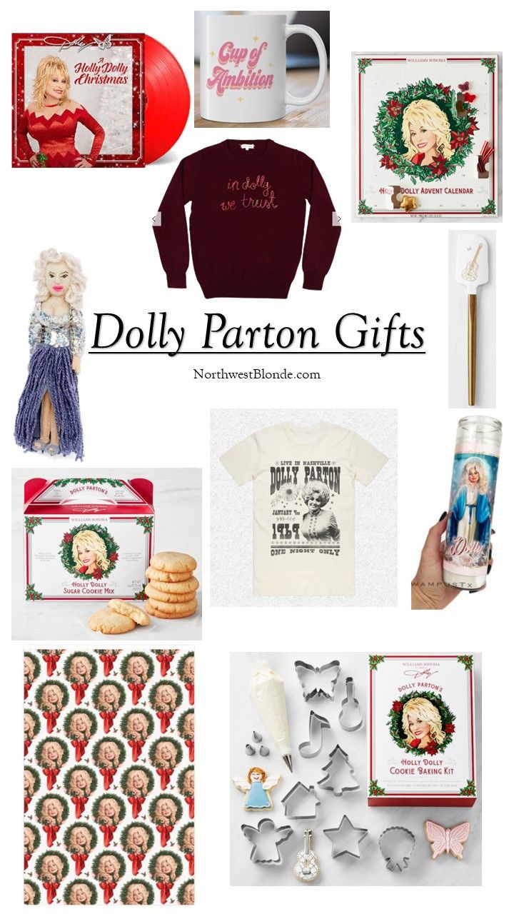 the holiday gift guide for dolly patrons is featured in this postcard style image