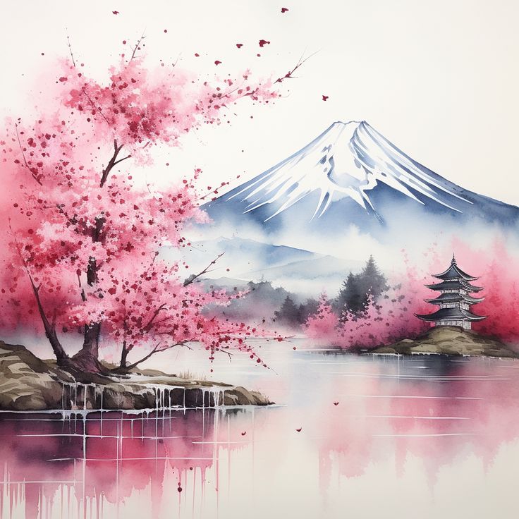 a watercolor painting of a cherry blossom tree in front of a mountain with a lake