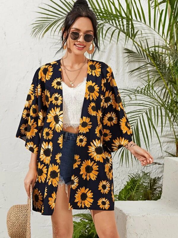 Sunflower Kimono, Sunflower Fashion, Fall Kimono, Goa Outfits, Look Kimono, Sunflower Outfit, Looks Hip Hop, Mode Kimono, Casual Kimono