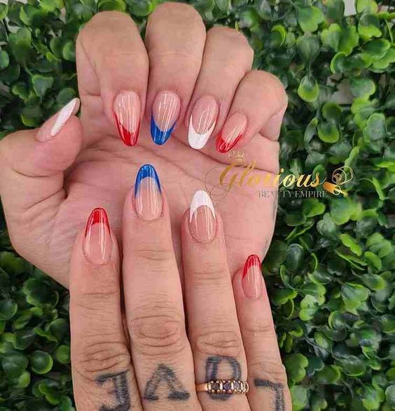 50+ Cute 4th of July Nail Ideas for 2024 - Boss Babe Chronicles 4th Of July Nails Almond Shape Simple, 4 Of July Nails Acrylic Almond, 4th Of July Nails Almond Short, 4th Of July Nail Designs Easy, 4 Of July Nails Acrylic, Usa Nails Simple, Four Of July Nails, 4th Of July Nails Almond Shape, 4th Of July Nails Easy