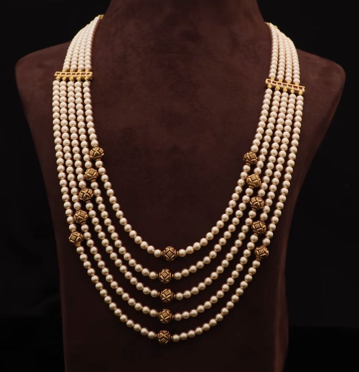 Nakshi Pearl Mala, Moti Jewellery Indian, Pearl Mala Designs, Beads Jewelry Indian Gold, Rani Har, Moti Set, Step Chain, Pearl Bangles Gold, Beads Haram