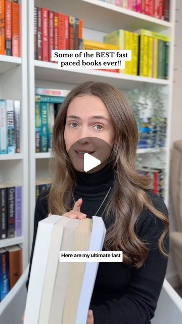 a woman holding a book in front of a bookshelf with the caption, there are my ultimate fast readers