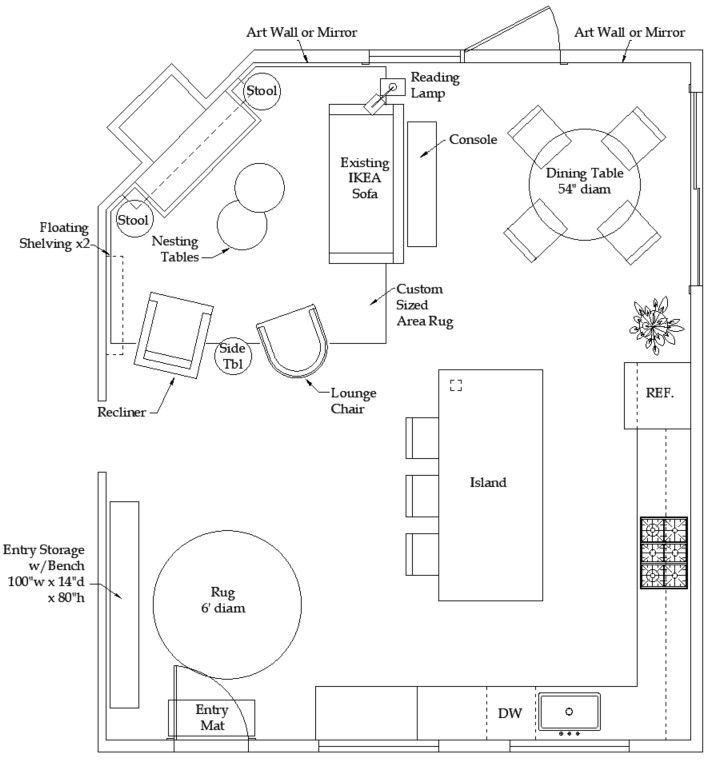 the floor plan for a living room with furniture and accessories, including couches, coffee table