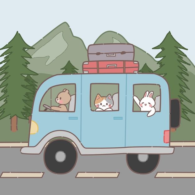 the car is driving down the road with luggage on it's roof and two cats sitting in the passenger seat