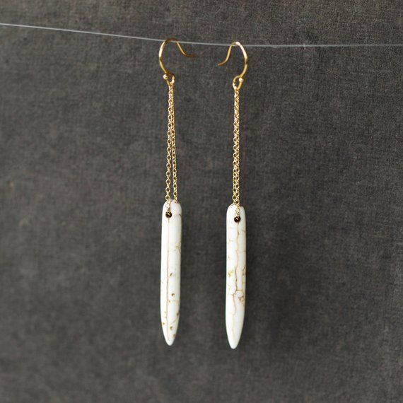 White Spear Earrings, Long Dangle Earrings, Boho Chic Earrings, 14k Gold Filled, Howlite Gemstone, L White Nickel Free Gold Plated Jewelry, Nickel Free White Gold Plated Jewelry, White Gold Plated Nickel Free Jewelry, White Linear Pierced Earrings For Gift, White Linear Pierced Earrings As Gift, White Drop Earrings Gold Plated, White Linear Earrings As A Gift, White Sterling Silver Dangle Linear Earrings, Nickel Free White Gold Plated Earrings