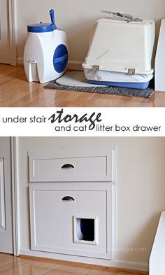 an under stair cat litter box is shown with the bottom open and bottom closed to show it's inner compartment