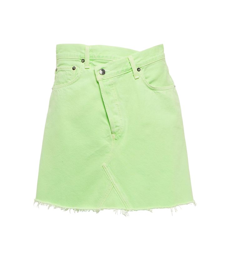 With denim as our forever fabric, we choose the Criss-Cross miniskirt from Agolde as our forever style. Cut from neon green denim with frayed hems, they’re instantly recognizable with their namesake wrapover high-rise waist. Green Cotton Mini Bottoms, Green Mini Length Cotton Bottoms, Green Mini-length Cotton Bottoms, Green Mini Cotton Bottoms, Fitted Green Denim Mini Skirt, Spring Green Bottoms With Frayed Hem, Spring Mini Shorts With Frayed Hem, Fitted Green Mini Denim Skirt, Trendy Green Bottoms With Frayed Hem