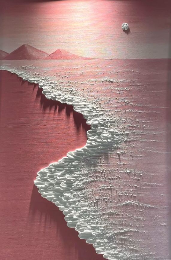 an abstract painting of the ocean with waves coming in to shore and mountains in the distance