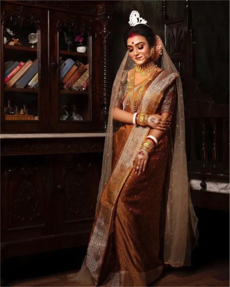 a woman in a brown sari posing for the camera