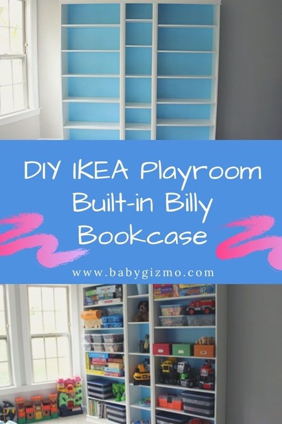 a playroom built - in billy bookcase with blue shelves and pink letters that read diy ikea playroom built - in billy bookcase