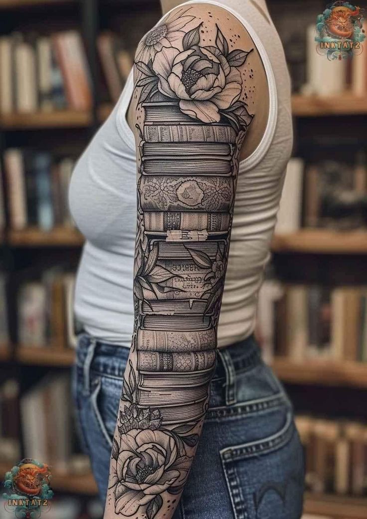 a woman's arm with books and roses on it