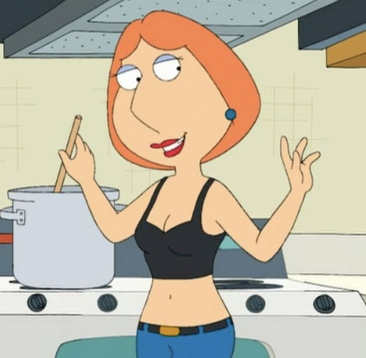 a cartoon character with an orange hair and black bra top in the middle of a kitchen