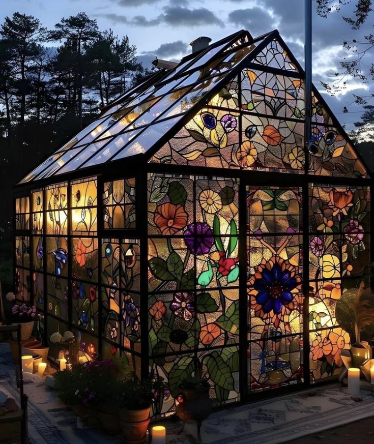 a house made out of stained glass with candles around it