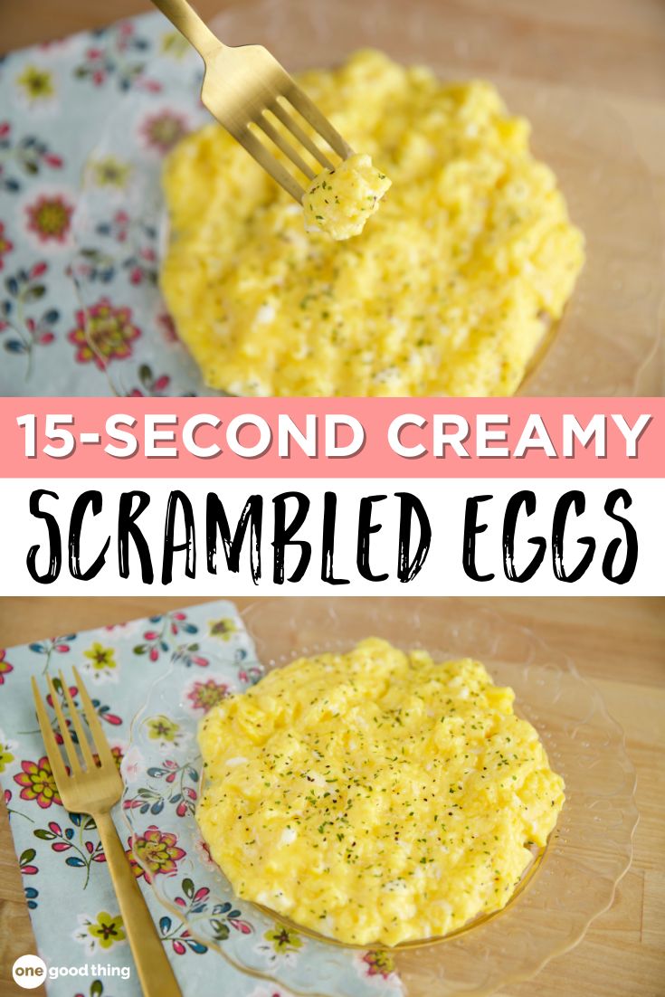 scrambled eggs on a plate with a fork in it and the words, 15 - second creamy scrambled eggs