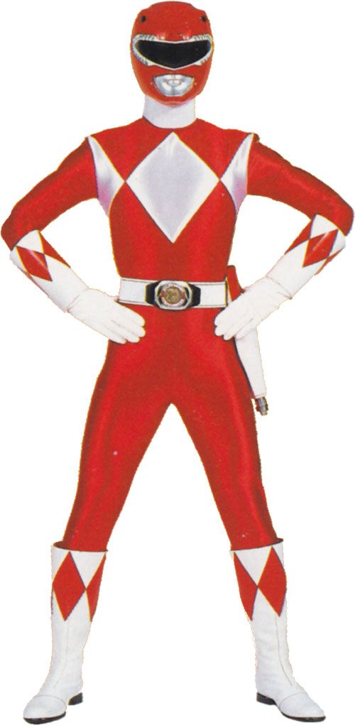 a young man in a red and white costume standing with his hands on his hips