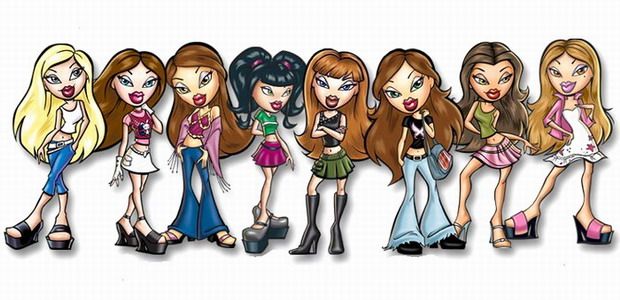 several cartoon girls with different outfits and hair styles, all wearing high heeled shoes