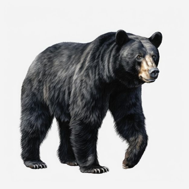 a large black bear walking across a white background