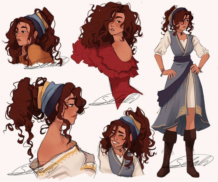 some drawings of different women dressed in medieval clothing and hats, one with curly hair