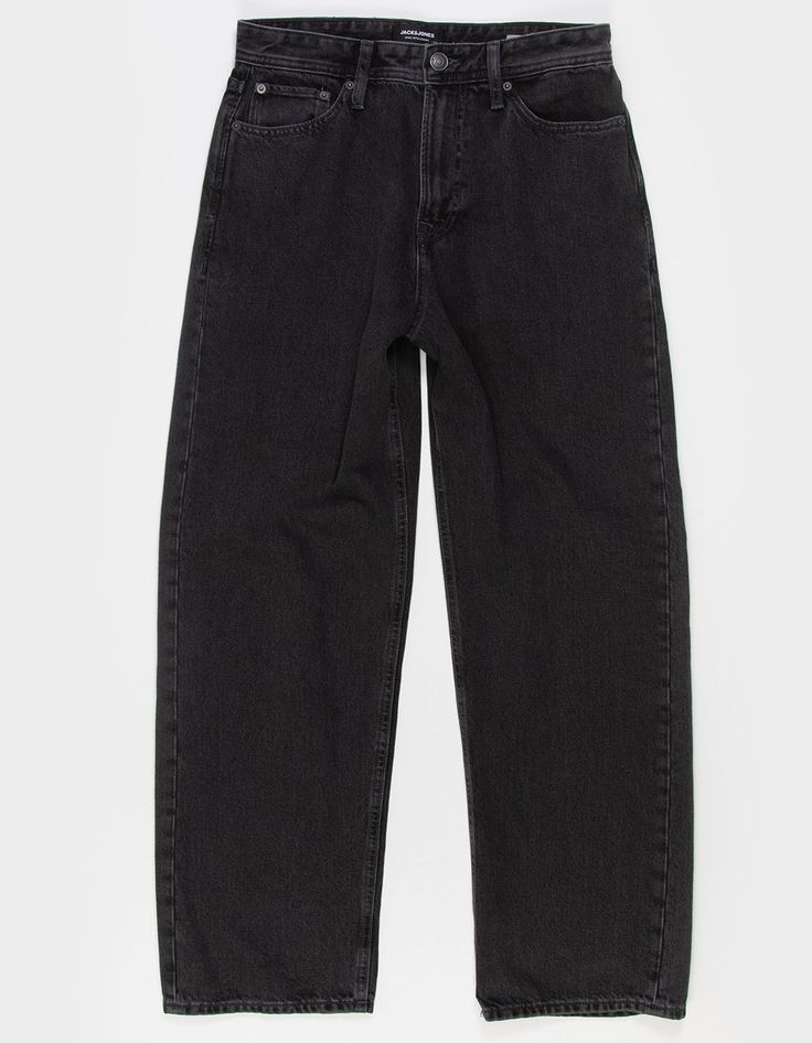 Jack & Jones Alex Sbd 306 Baggy Jeans. Traditional 5-Pocket Denim Styling. Button Waist With Zip Fly. High Rise. Baggy Fit With Wide Leg Opening. Approximate Leg Opening: 18". 50% Cotton - In Conversion, 40% Cotton, 10% Recycled Cotton. Machine Wash. Imported. | Jack & Jones Alex Sbd Baggy Jeans Mens Dark Jeans, Black Baggy Jeans, Wide Leg Black Jeans, Chino Pants Women, Wwe T Shirts, Flannel Sweatshirt, Bdg Urban Outfitters, Black Jack, Chino Jeans