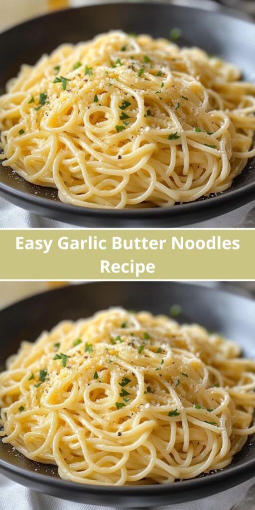 two pictures of the same pasta dish in different pans, one with garlic butter noodles