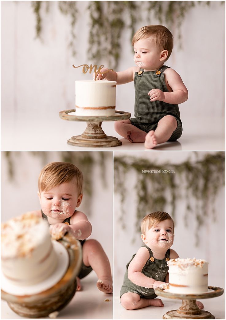 a baby sitting on the ground with a cake in front of him and eating it