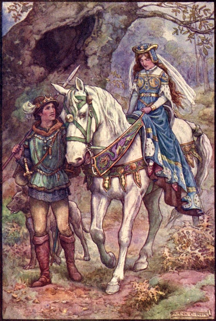 an illustration of a man and woman riding on the back of a white horse next to a tree