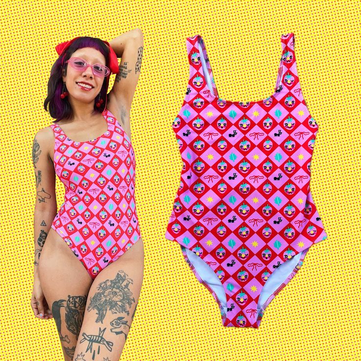 Strawberry Summer Forever This one-piece swimsuit is very comfortable and the fabric is super smooth. Perfect for the beach, pools or just with an everyday outfit if you pair it with some pants, shorts, or a skirt.  Wearing a size S, please see photos for reference and measurements!  * 82% Polyester, 18% Spandex * Fabric weight: 6.78 oz/yd² (230 g/m weight may vary by 5% * Chlorine-resistant fabric * Cheeky fit with a scoop neckline and a low scoop back * Zig-zag stitching * Double-layer front  * Four-way stretch material stretches and recovers on the cross and lengthwise grains This product is made especially for you as soon as you place an order, which is why it takes us a bit longer to deliver it to you. Making products on demand instead of in bulk helps reduce overproduction, so thank Trendy One Pieces For Poolside And Beach Season, Trendy One-pieces For Poolside And Beach Season, Trendy One-piece Stretch Swimwear, Trendy Printed One-piece Swimwear, Trendy Sleeveless One Piece For Pool, Trendy Sleeveless One-piece For Pool, Summer One-piece Bodysuit For Pool, One-piece Bodysuit For Pool And Summer, One-piece Bodysuit For Summer Pool