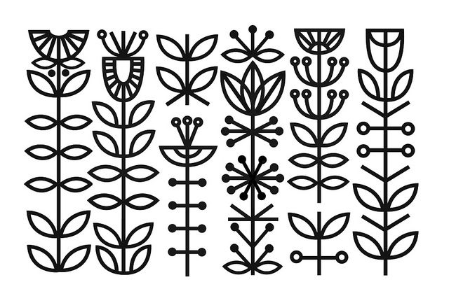 a line drawing of flowers and leaves on a white background with black lines in the middle