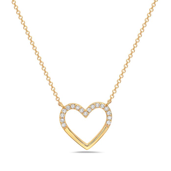 Birmingham Jewelry Item Number: BJNK12948D Women's Gold Necklace Heart With Diamonds 14K Yellow Gold Chain Included: 16" - 18" Adjustable Diamond: 17 round 0.17ct *The possibilities are not limited to the options in the dropdown. For pricing on further customizations & special options, please call: 1-586-939-5100 Heart Shaped Yellow Gold Necklace With Single Cut Diamonds, Valentine's Day Necklace With Diamond Accents In Round Pendant, Valentine's Day Round Pendant Necklace With Diamond Accents, Diamond Round Pendant Necklace For Valentine's Day, Diamond Necklace With Round Pendant For Valentine's Day, Yellow Gold Diamond Necklace With Open Heart Design, Yellow Gold Diamond Necklace With Open Heart Shape, Valentine's Day Diamond Round Pendant Necklace, Heart-shaped 14k Gold Diamond Necklace With Accents