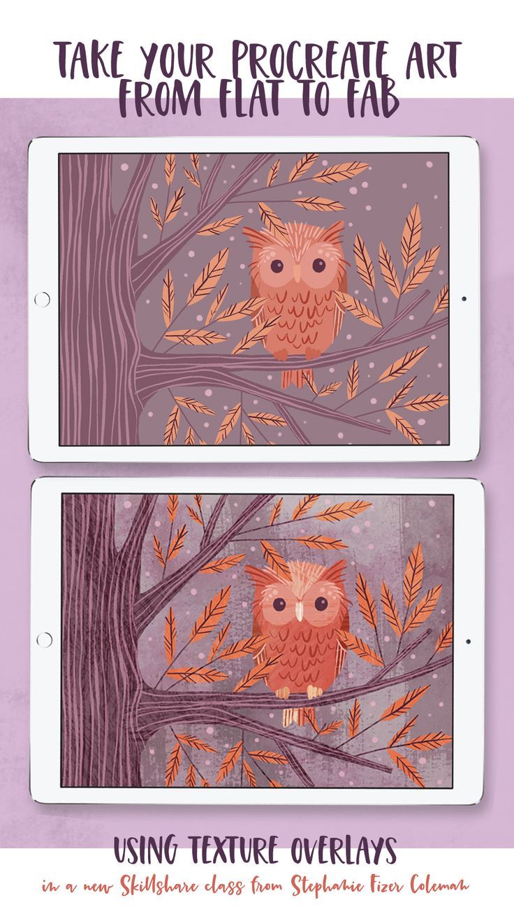 two screens showing an owl sitting on a tree branch, and the text take your procreate art from flat to fab