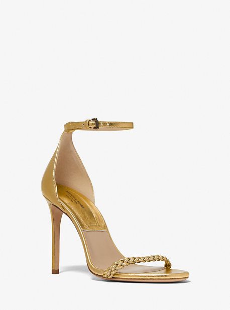 An alluring silhouette with artisanal appeal our Joslyn sandal is expertly crafted in Italy from supple metallic leather and features two slender straps that create a leg-lengthening effect. Wear them as a showstopping punctuation to the season’s dresses and leggy silhouettes. Gold Leather Open Heel Heels, Gold Open Heel Leather Heels, Gold Leather Open Toe Heels, Luxury Sandals With Wrapped Heel And Round Toe, Gold Open Toe Leather Heels, Gold Leather Sandals With Padded Heel, Evening Leather Sandals With Heel Loop, High Heel Gold Sandals With Leather Sole, Gold High Heel Sandals With Leather Sole