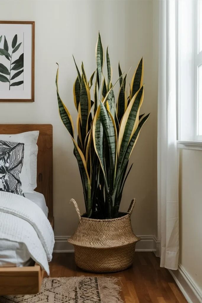 a plant in a basket on the floor next to a bed