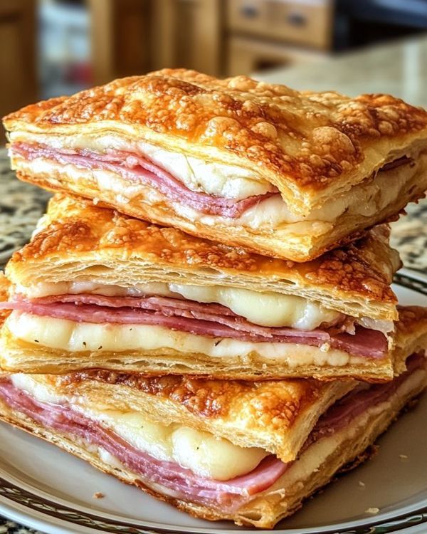 three sandwiches stacked on top of each other on a plate in front of a counter