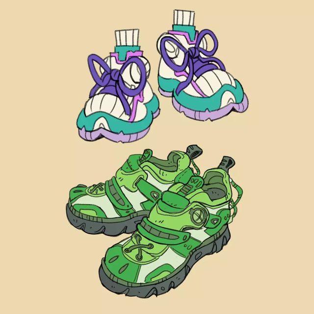 three shoes with different colors and designs are shown on a beige background, one is green and the other is purple