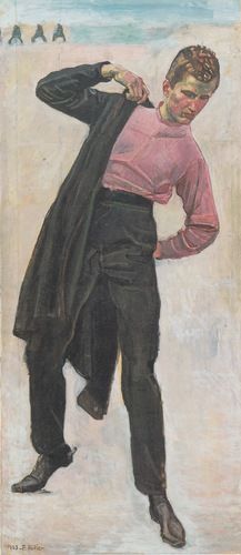 a painting of a man in black pants and a pink shirt is standing on the beach