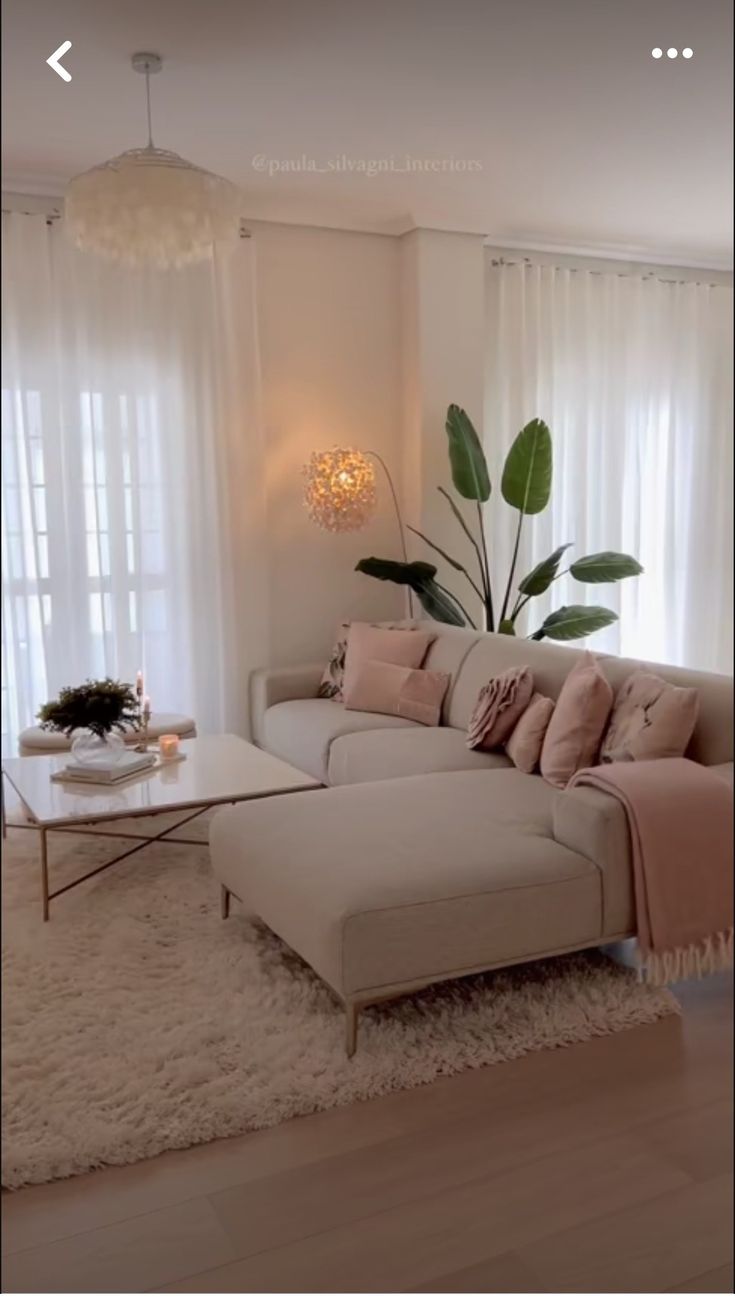 a living room with a couch, coffee table and plants in the window sill