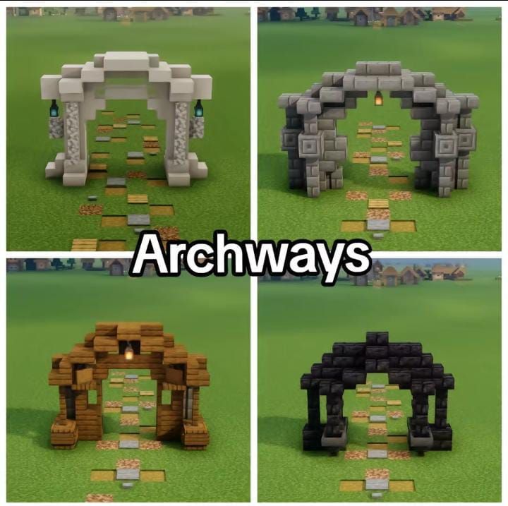 four different angles of an arch in minecraft