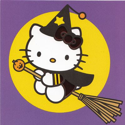 hello kitty is flying on a broom with her head turned to look like she's wearing a witch hat