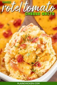 baked potato and cheese grits in a white bowl