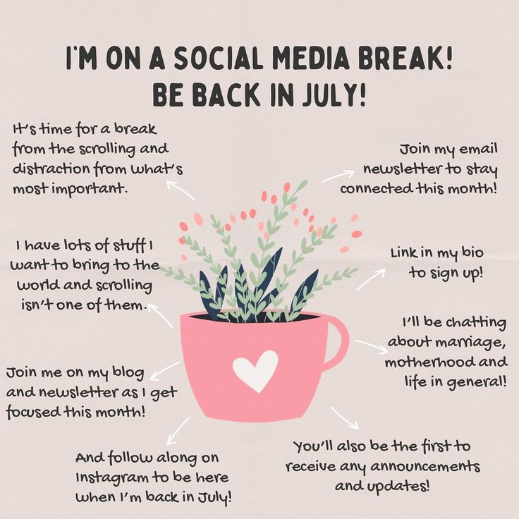 a cup with plants in it and the words i'm on a social media break be back in july