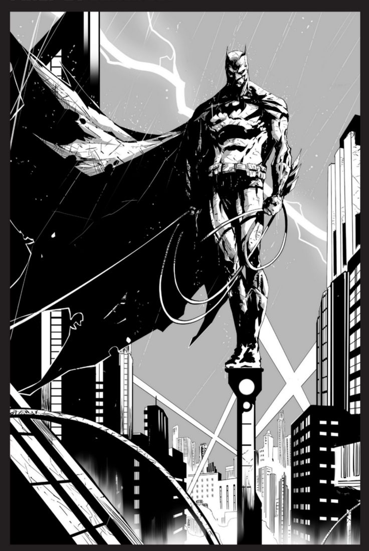 a black and white drawing of a batman standing on top of a building in the city