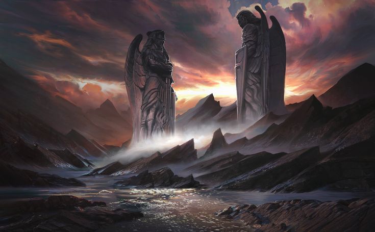 two large statues standing in the middle of a mountain range under a cloudy sky at sunset